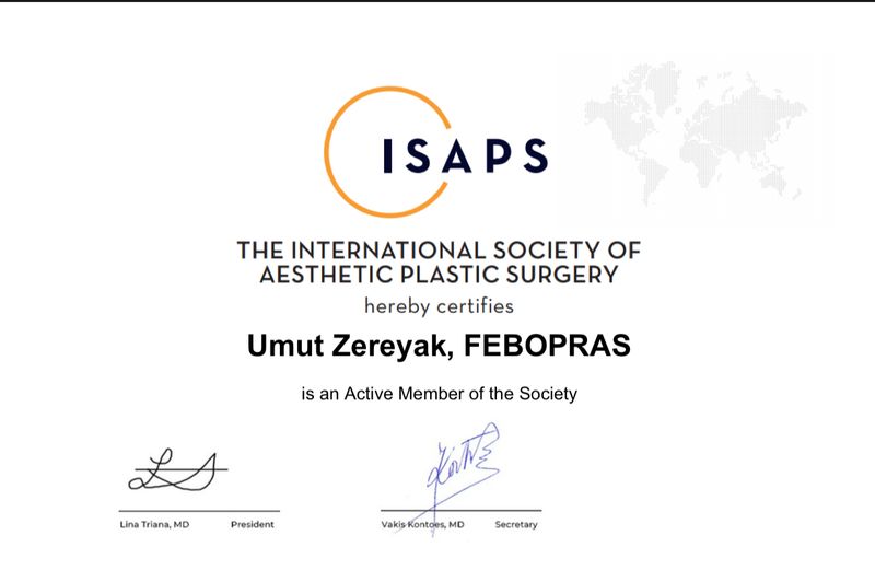 ISAPS membership certificate — Dr. Umut Zereyak